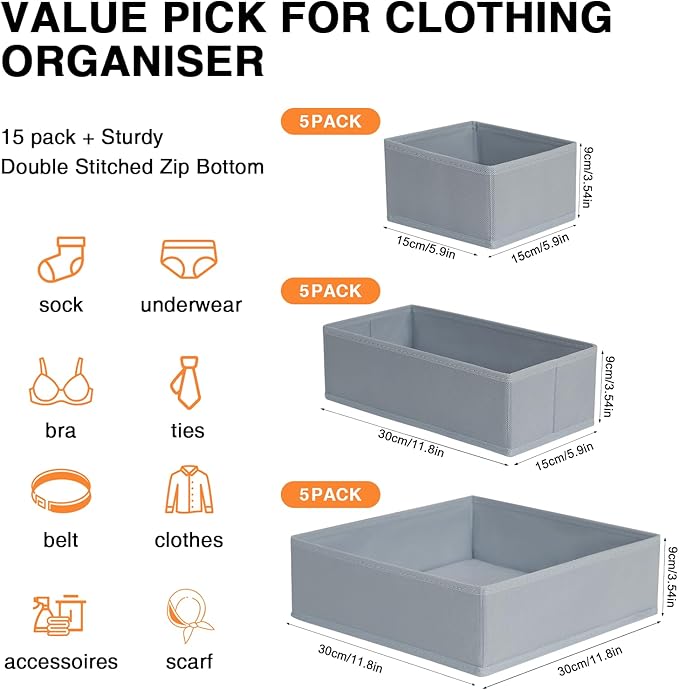 DIMJ Drawer Organizer Clothes, 15 Pack Underwear Organizer, Foldable Closet Bins, Sock Organizer Bra Cube, Fabric Dresser Box for Clothes, Bra, Socks, Tie (Grey)