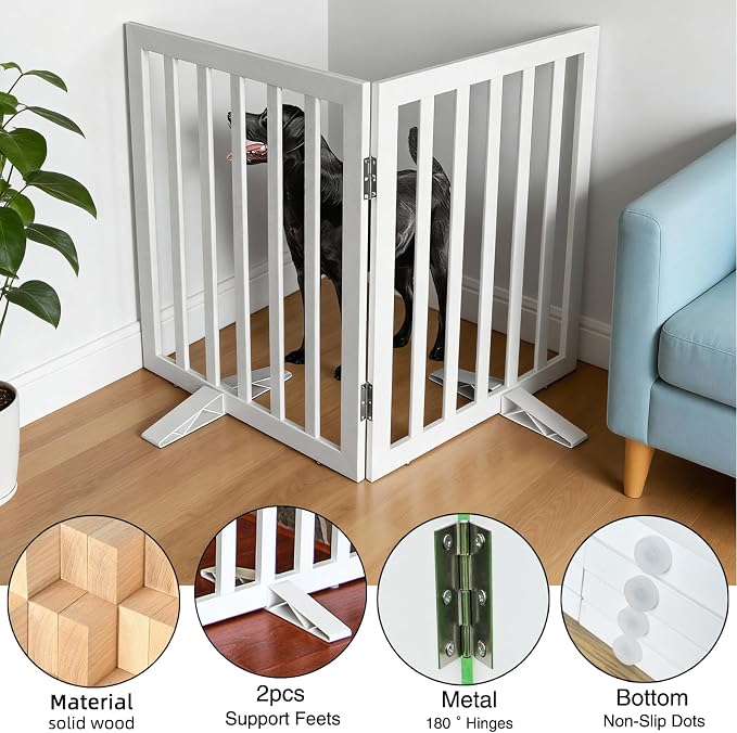 Dog Gate Indoor, Freestanding Dog Fence for The House, Doorways, Hallways,or Stairs,Pet Gate Foldable Wooden,Expandable 32" Height 2 Panels,White