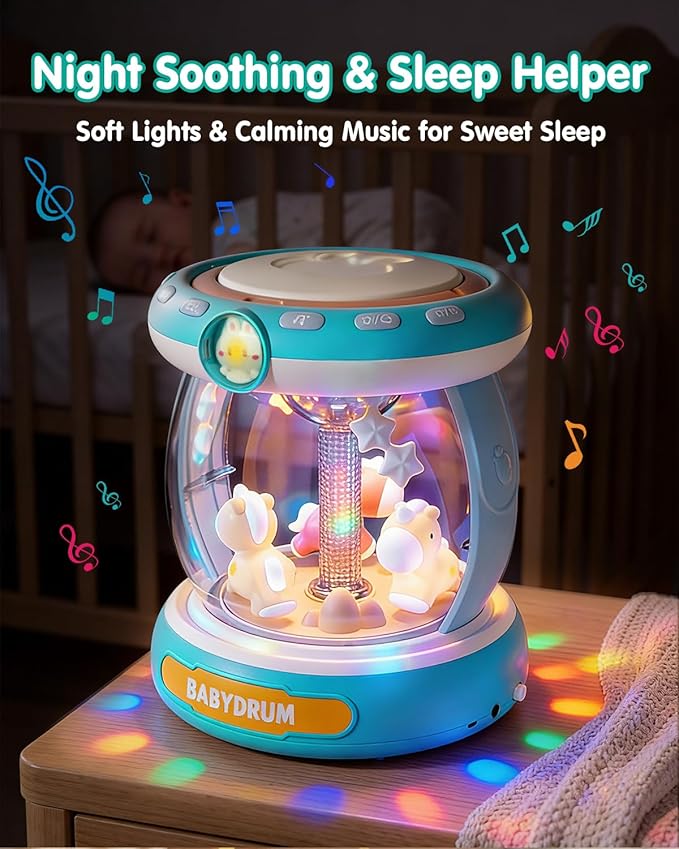 Baby Musical Drum Toy for 6-24 Months, Light-Up Carousel with Spinning Animals & Microphone, 4-in-1 Tummy Time Roll Crawl Toy with Music Stories Numbers Nursery Rhymes, Baby Boy Girl Gift