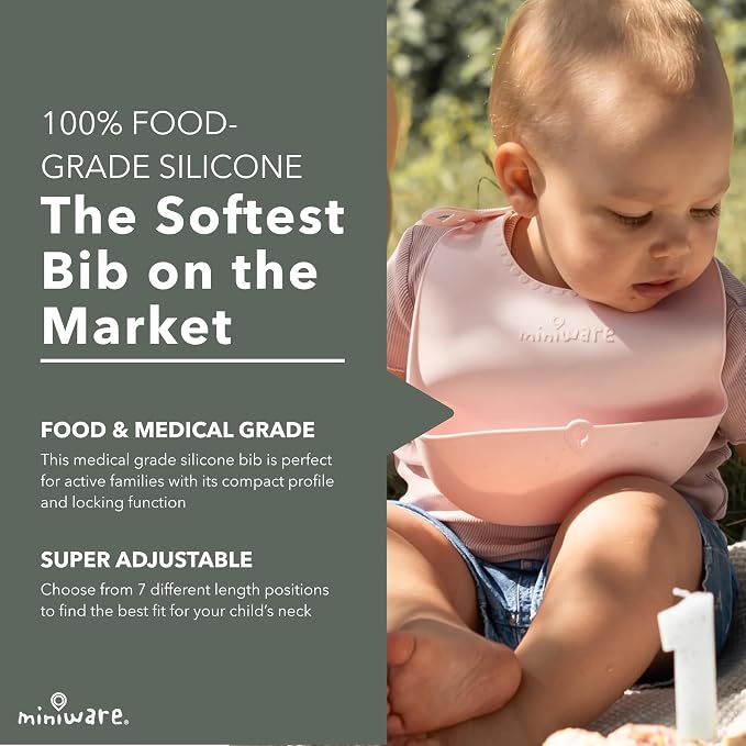 Miniware Roll & Lock Silicone Baby Bib, Easy Mealtime Cleanup - Food-Grade Adjustable Neck Strap and Food Catcher