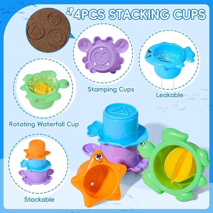 Baby Bath Toys for Kids Ages 1-3, 17PCS Mold-Free No Hole Bath Toys, Pool Water Table Toys, Toddler Bath Toy Set with Whale Sprayer, Boats & Stacking Cups, Easy Clean Bathtub Toys with Storage Bag