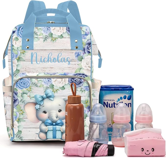 Cute Elephant Large Personalized Diaper Bag Backpack for Baby Boy with Name, Thermal Pockets, Waterproof Custom Baby Bags for Boys, Multi-functional Customized Nappy Bag Mom Travel Daypack