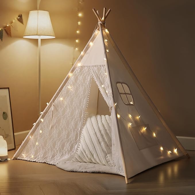 Kids Tent for Girls Indoor, Teepee Tent for Kids with Lights, Foldable Play Tent for Bedroom Corner, Cozy Toddler Tent Reading Nook & Birthday Gift