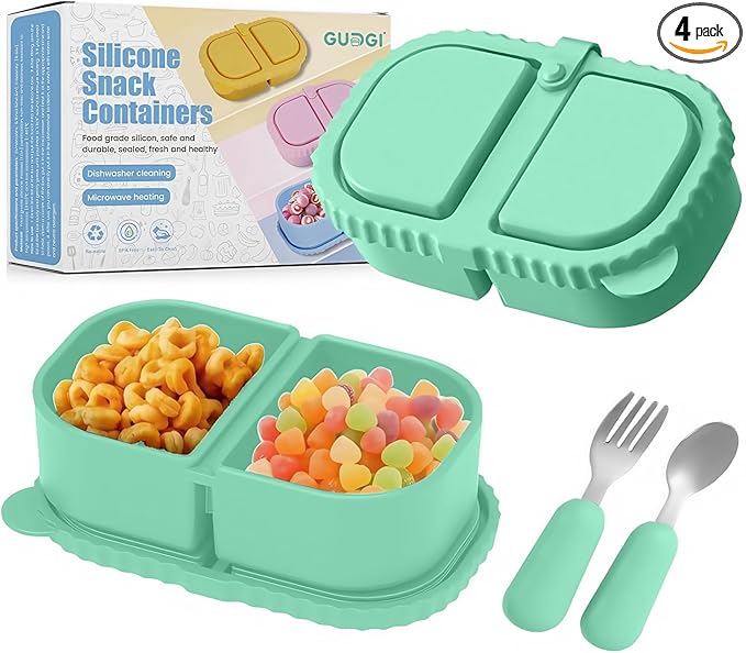 Silicone Snack Containers for Kids (8.5Oz, 2-Compartment)+ Kids Silicone Cutlery Set (Spoon and Fork) - BPA Free, Leak Proof, Great for Toddler/Kid/Adult Meal Prep Containers (green)