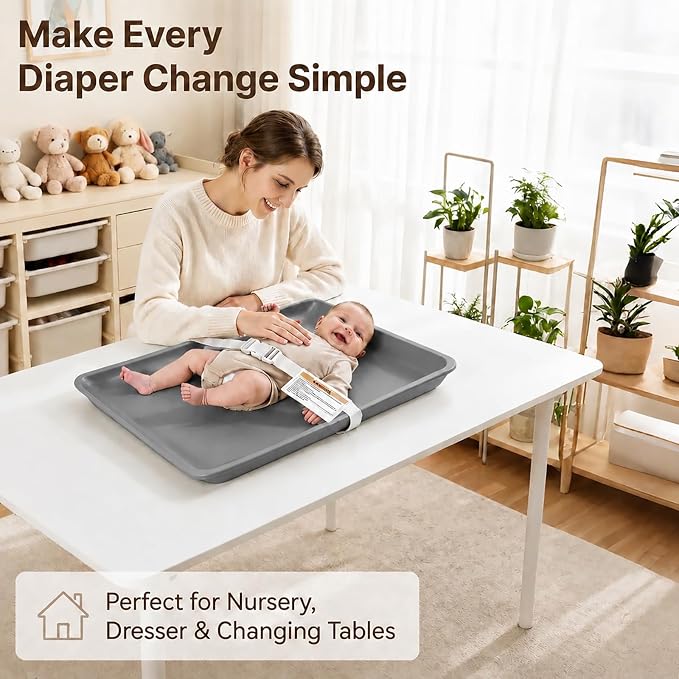 Wipeable Waterproof Baby Changing Pad, Large PU Diaper Pad for Changing Table and Dresser, Easy-Clean with Adjustable Buckle, No-Slip Bottom (Grey)