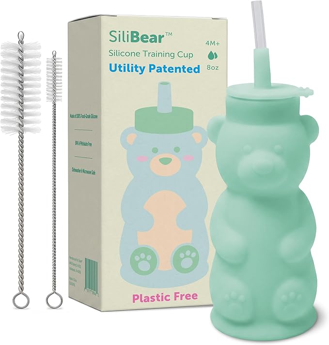Silipint Honey Bear Straw Cup for Baby & Toddler – Soft Silicone Squeeze Training Straw Cup, Leak-Resistant Baby Sippy Cup for Bottle Transition, BPA Free, Dishwasher Safe, 8 oz Green