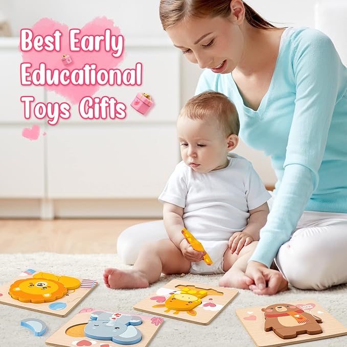 Wooden Puzzles for Toddlers 1-3, 4 Pack Wooden Puzzles with Animals Design, Birthday Gift for Boys Girls, Kids Party Favors Gifts - Educational Preschool Classroom Toys