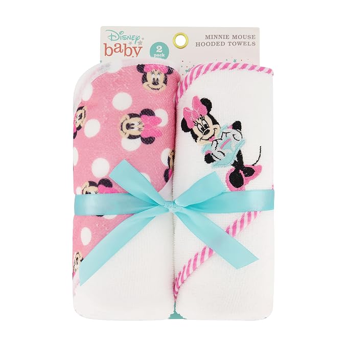 Disney Cudlie Baby Girl Minnie Mouse 2 Pack Rolled/Carded Hooded Towels in Happy Dots Print