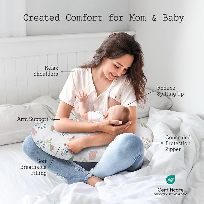 Little Grape Land Muslin Nursing Pillow, Soft 100% Cotton Breastfeeding Pillow with Breathable Cotton Removable Cover, Pink Bunny Breast Feeding Pillows for Babies 0-12 Months with Protective Zipper