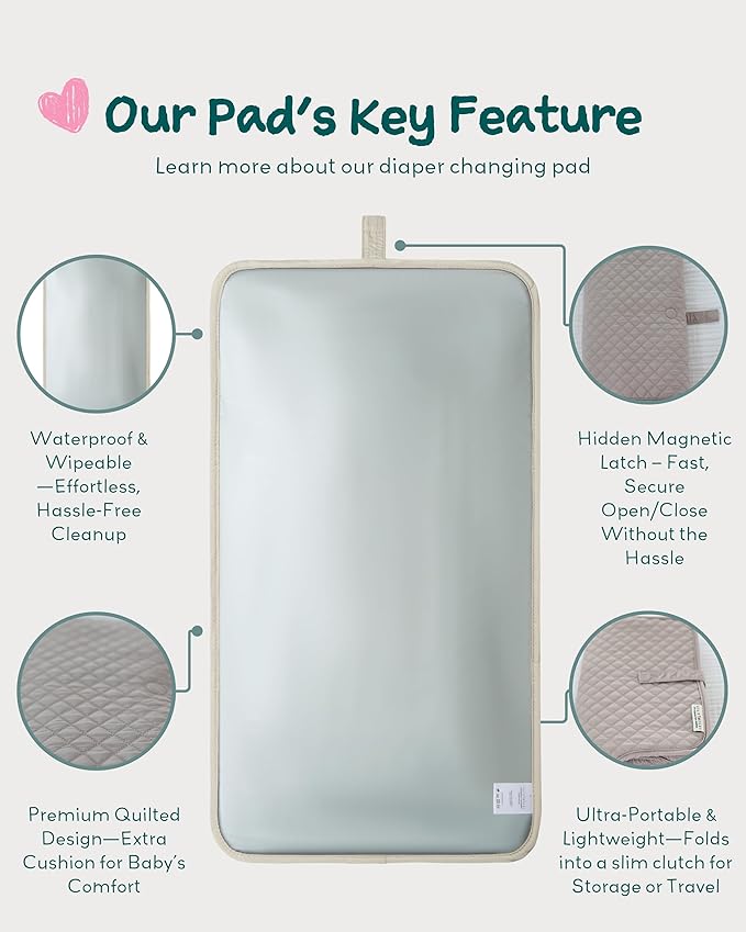 Lily Miles Diaper Changing Pad Portable, Baby Changing Mat with Magnetic Latches, Travel Pad for Diaper Bag, Baby Essentials, Wipeable & Waterproof Mat (Soft Sand, Regular)