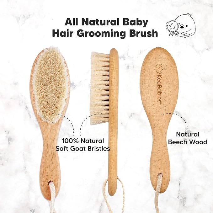KeaBabies Baby Hair Brush and Baby Hooded Towel Bundle - Baby Brush with Soft Goat Bristles (Walnut, Oval) -Large 35X35 Baby Towels (Bear)