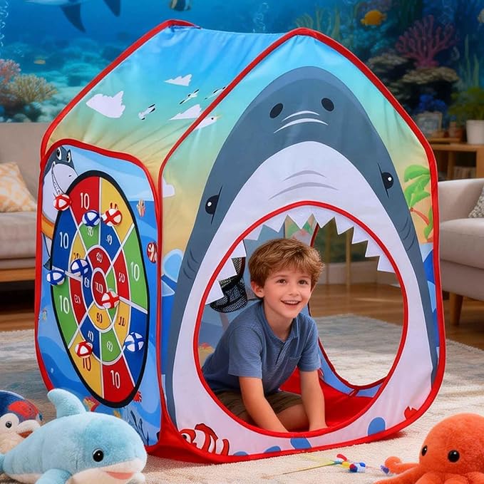 Shark Kid Play Tent Pop up Tent Play Tunnel Indoor and Outdoor Playhouse for Kid Beanbag Toss Game for Team Competition for boy with Tote Bag（Shark）