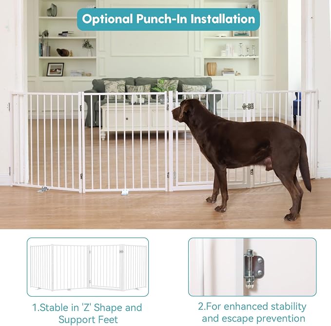 No Pawblems Free Standing Dog Gate with Door, 30'' Tall Foldable Dog Fence for Indoor & Outdoor, Up to 104 Inch Extra Wide Puppy Gate for Stairs, Hallways, Doorways, Deck, Yard (White, 4 Panels)