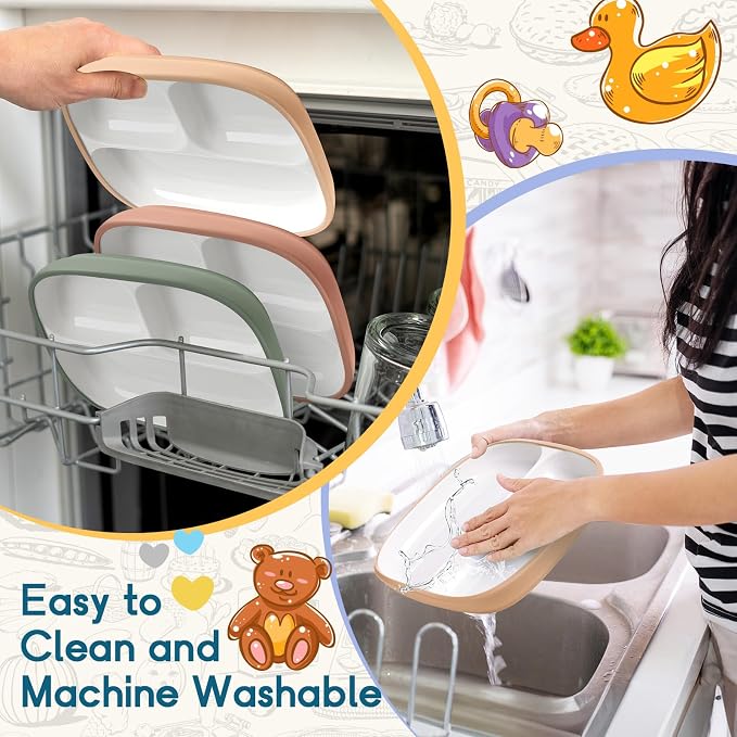 Domensi Kids Porcelain Plates with Silicone Sleeves 8.2 Inch Divided Porcelain Plate Toddler White Suction Dishes for Baby Troubleless Eating Microwave Dishwasher Safe(Vibrant,3 Set)
