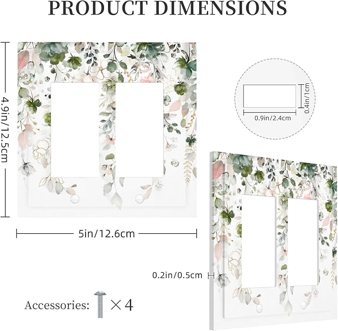 Green Pink Floral Flower Rustic Eucalyptus Leaves Wildflower Decorative Outlet Covers 2 Gang Double GFCI Rocker Electrical Wall Panels Light Switch Cover Plate for Bedroom Living Room Decor