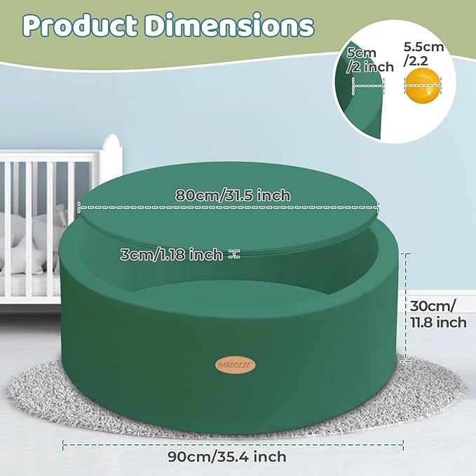 HARBOLLE Baby Ball Pit 35.4" Soft Round Memory Foam Ball Pits NOT Included Balls Indoor Outdoor Playpen for Babies Toddlers Kids Great Gift for Girls Boys, Dark Green