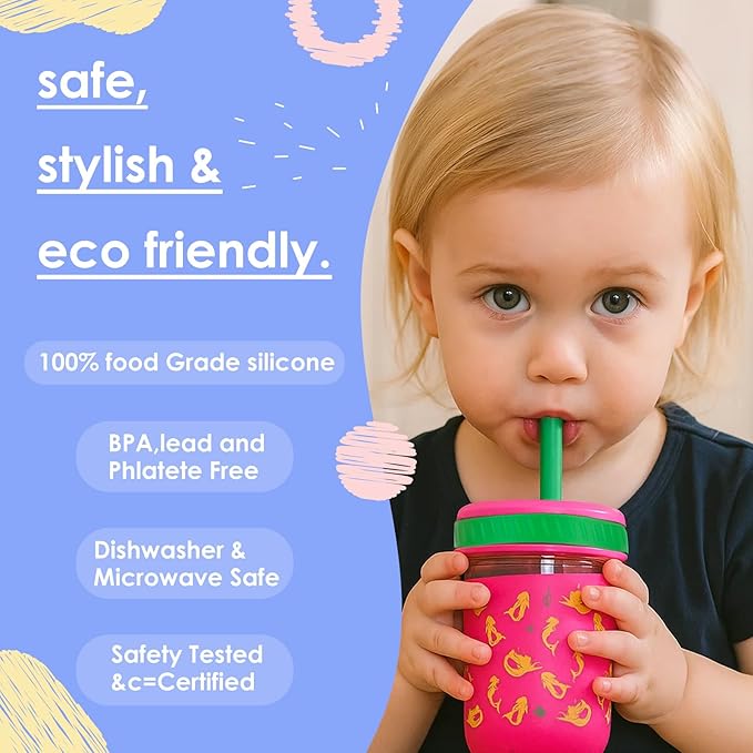Sursip Toddler Glass Sippy Cups, Kids Baby 12 oz Spill-Proof Water Tumbler with Straw and Lids, Smoothie Snack Mason Jar For Travel School or At Home, 4 Packs BPA-Free
