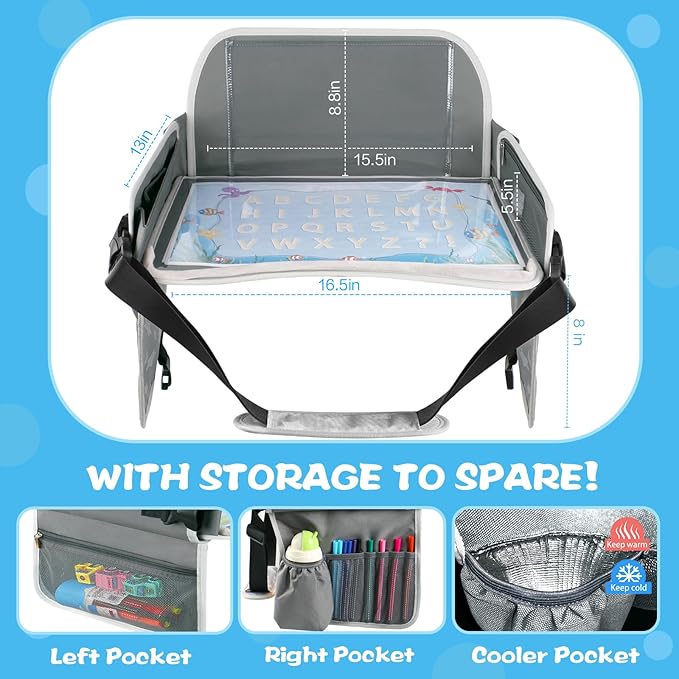 MENZOKE Kids Travel Tray for Boys or Girls, Travel Tray for Kids Car Seat with Tablet Holder, Dry Erase Board & Cooler Cup Holder, Road Trip Essentials Accessories for Car Trip, Airplane (2 Pack)