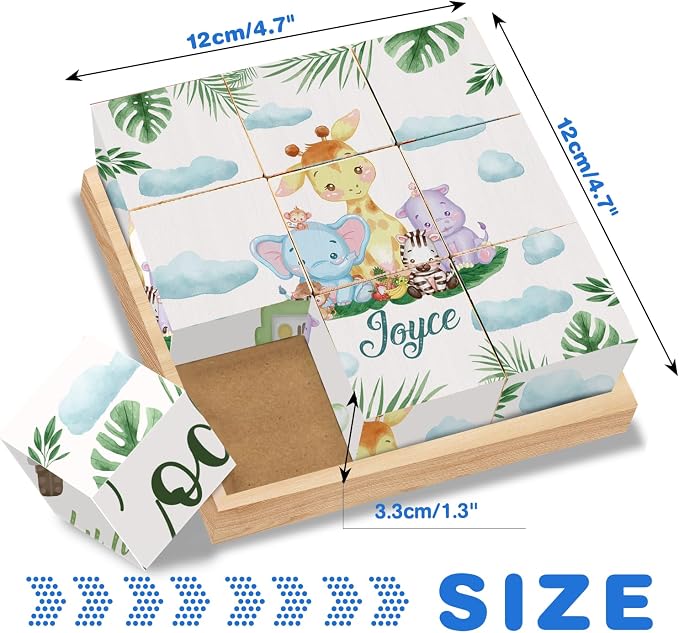 Custom Name Wooden Cube Puzzles for Kindergarten Boys Girls, 9 PCS Animals Puzzle with Storage Tray for 2-4 Years, Personalized 6 Puzzles in 1 Toy for Preschool Kids