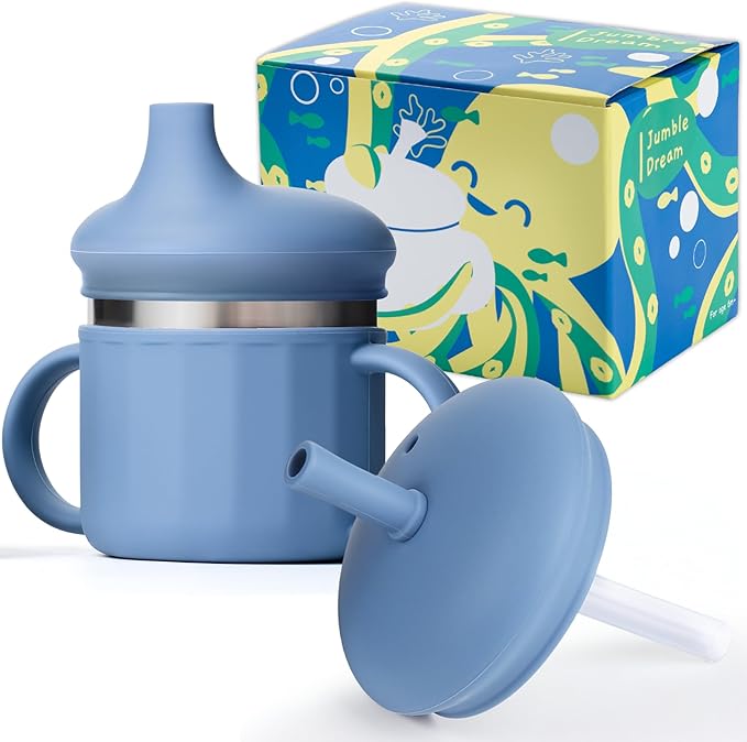 Jumble Dream Stainless Steel Sippy Cup, Silicon Training Stainless Steel Kids Cups with Straw, Toddler Tumbler with Spill Proof Straw |Sippy Cup for Toddlers 1-3 Years Old| BPA Free (Blue Moon)