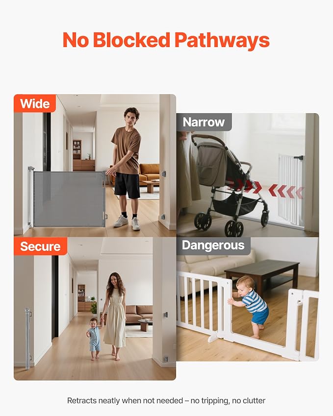 VEVOR Retractable Baby Gate, Extends to 56.3 inch Wide, 31.3 inch Tall, with Security Lock, Easy to Use, Walk Through Without Tripping, Mesh Dog Gate for Stairs, Hallways, Indoor/Outdoor, Gray