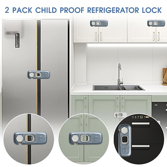 Fridge Locks with Self Adhesive, Refrigerator Latch for Kids, Toddlers and Children, Child & Baby Proofing Freezer Door Lock for, Cabinets and Drawers, Oven, Windows (Blue-2pack)