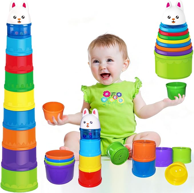 WEEJOYGAM Baby Stacking Cups, Nesting Stacking Toys for Toddlers 1-3 Montessori Toys for 1 Year Old Gift, Kid Water Bath Toys for Babies 6-12 Months Developmental Cause and Effect Color Sorting Blocks
