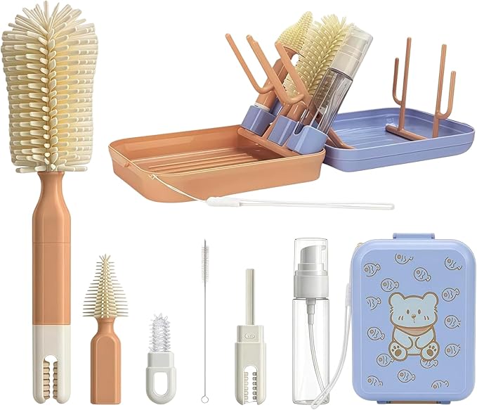 7-in-1 Travel Baby Bottle Brush Set, Silicone Cleaning Kit with Nipple & Straw Brush, Portable Storage Box -Baby Essentials for Home&Travel (Pomelo Orange)
