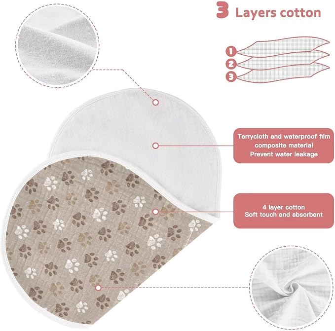 Brown Dog Paws Baby Muslin Burp Cloths Set of 4 Paw Muslin Washcloths Cute Milk Spit Up Rags Soft Newborn Towel Burp Cloth Bib for Unisex Boys and Girls, 22 x 11 Inch