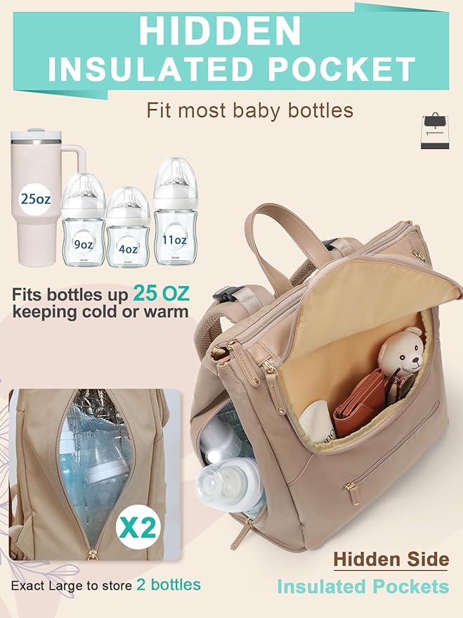 MOMINSIDE Diaper Bag Backpack - Large Baby Diaper Bag with 14 Pocket, Leather & Nylon Travel Diaper Backpack for Mom, Breast Pump Bag, Removable Cooler Compartment, Double Layer, Khaki