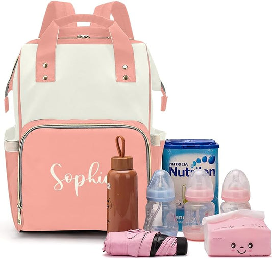 Custom Diaper Bag with Name Personalized Multifunctional Mommy Backpack for Daughter Granddaughter, Pink Daypack Bag for Travel