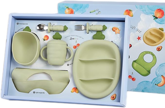 Silicone Baby Feeding Gift Set ??Suction Plate, Bowl, Training Cup, Fork, Spoon & Bib (6-Piece) (Matcha Green)