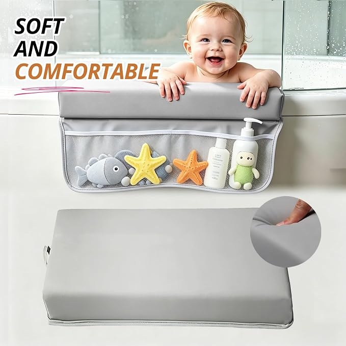 Baby Waterproof Vegan Leather Bath Kneeler and Elbow Rest Pad Set | Thickened Non-Slip Memory Foam Knee & Arm Support Bathtub Mat with Toy Organizer for Infant Toddler Bathing
