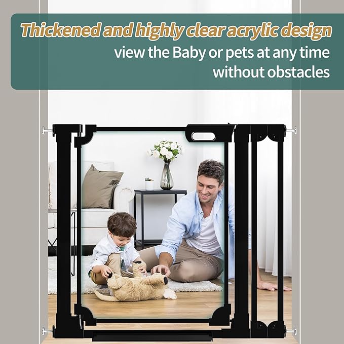 AiWMGL Clear Baby Gate 29.13-37.79" Wide Acrylic Safety Proof Dog Puppy Pet Barrier for Stairs, Transparent Adjustable Pressure Mounted No Drill Auto Close Indoor, Doorways, Hallway,Black