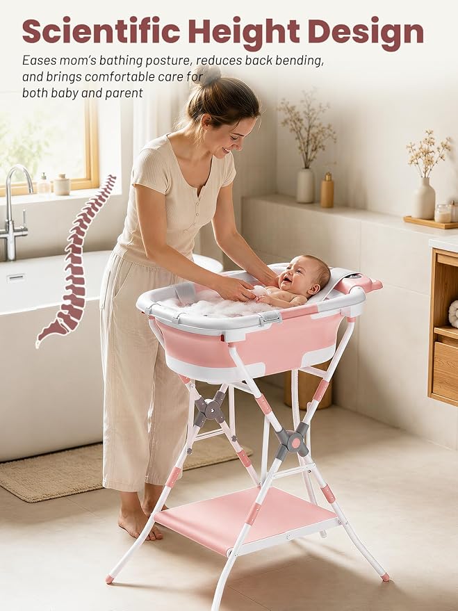 Baby Bathtub with Stand, Foldable Metal Standing Baby Bath Tub, 3-in-1 Anti-Slip Collapsible Tub with Cushion Storage Pad, Elevated Design for Newborn Toddler, Pink