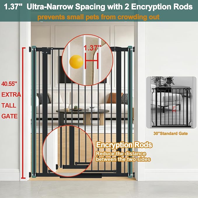 AiWMGL 40.55" Tall, 53.74-61.61 Inch Wide, 1.37" Ultra Narrow Spacing Dog Pet Baby Gate Indoor for Doorway Hallway, Pressure Mounted 54 55 56 57 58 59 60 61 Inches Wide Black