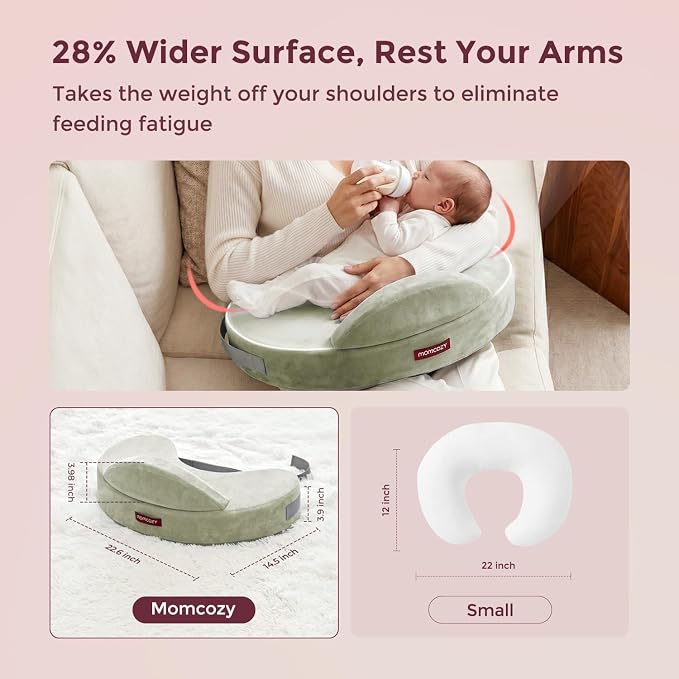 Momcozy Innovative Safety Guard Nursing Pillow - Firm & Springy Memory Foam - Stable, Ergonomic Support & Comfort - Wider Breastfeeding Cushion, Adjustable, Removable Cover, Green