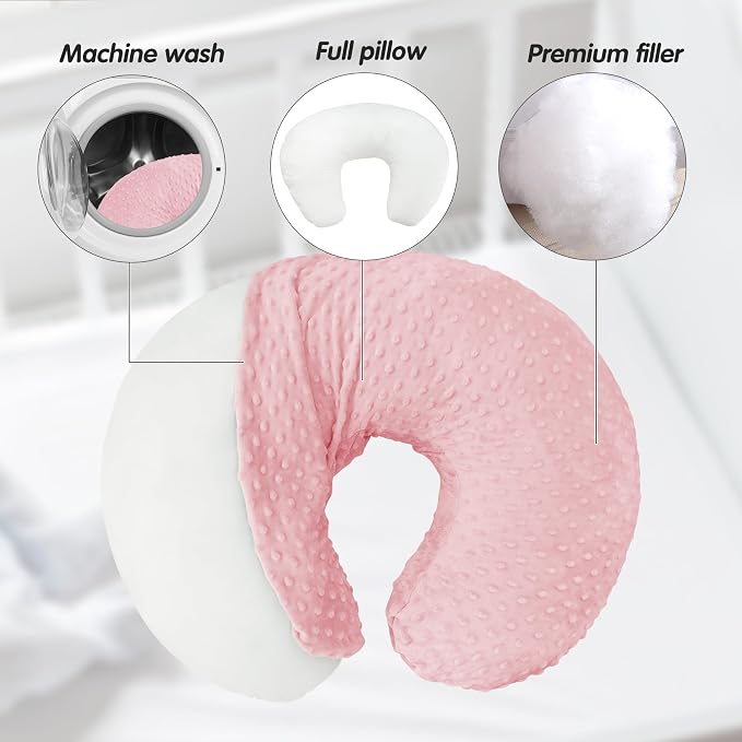 LAT Nursing Pillow for Breastfeeding with Removable Minky Cover,Ergonomic Breast Feeding Pillows for Mom and Baby,Machine Washable(Pink)