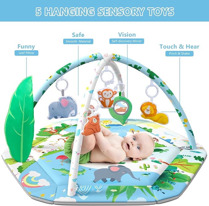 Baby Gym Play Mat, 8-in-1 Tummy Time Mat & Activity Gym Mat Ball Pit with Detachable Toys, Washable Infant Play Mat for Visual, Hearing, Sensory, Motor Development, Newborn Baby Toys Gift for Toddler 0-3-6-9-12 Months Easy to Install