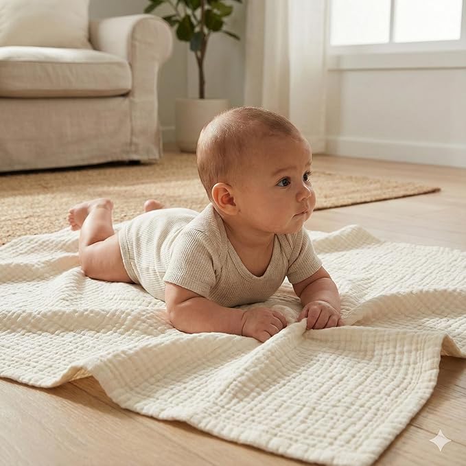 HB&Victory 4-Layer 100% Organic Cotton Muslin Baby Blanket, Ivory, 39x47 Inches (100x120 cm) ??Soft, Breathable, Hypoallergenic Swaddle for Newborns & Toddlers