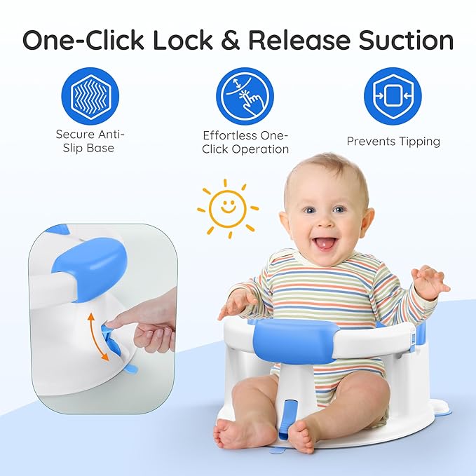 Baby Bath Seat Baby Bathtub - with Strong Suction Cups and 360° Surround Support ??Easy Release, Non-Slip Cushion, Lockable Armrests ??Infant Bath Chair for Babies 6-24 Months, Blue