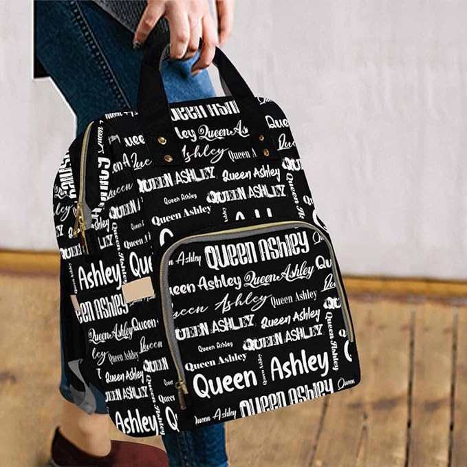 Artsadd Personalized Diaper Bag with Name, Customized Black Signature Nappy Backpack with Thermal Pockets Multi-function Baby Bags Handbag Shoulder Bag for Girls Boys