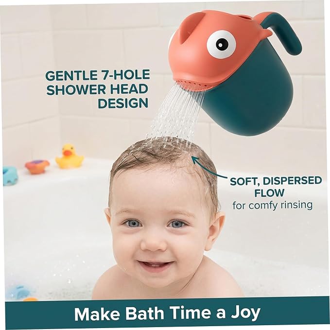 Baby Bath Rinser Cup, Large Capacity Bath Cup for Rinsing Hair with 7-Hole Gentle Shower, Easy-Grip Cartoon Fish Design for Kids Time..