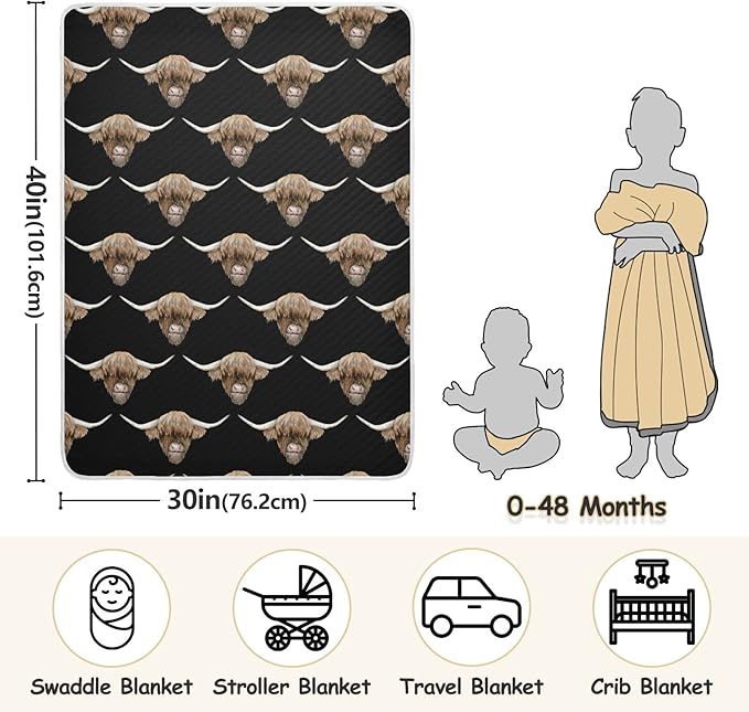Ollabaky Scottish Highland Cow Head Baby Blanket for Boys Girls, Cotton Throw Blanket Swaddle Blanket for Crib Stroller, 30"x40", Unisex
