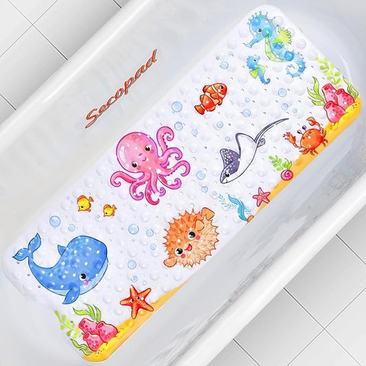 Secopad Bath Mat for Tub Non Slip, Machine Washable Anti-Slip Cartoon Baby Bathtub Shower Mat with Drain Holes and Suction Cups for Toddler & Kids, 40 Inch x 16 Inch-Rectangular, Pink Octopus