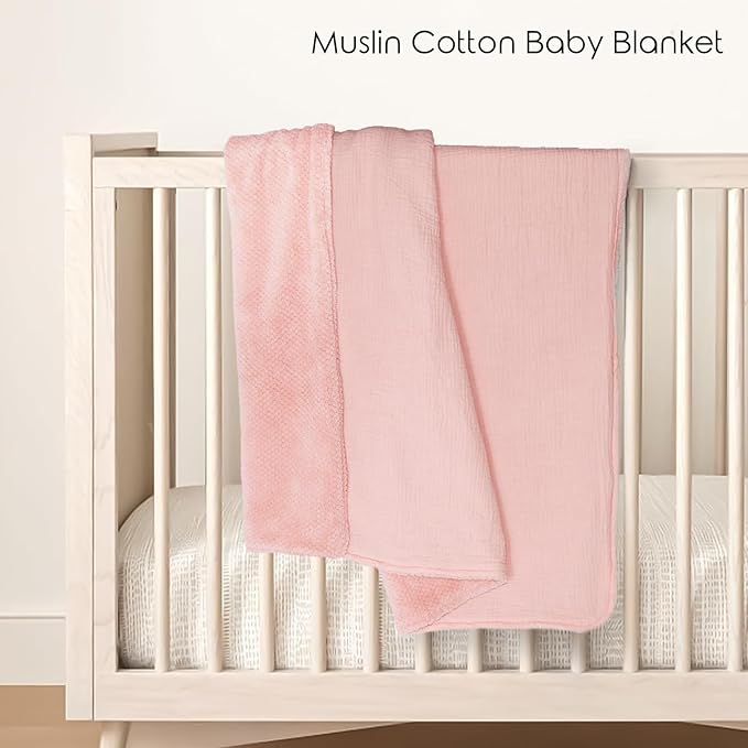 Soft & Breathable Baby Organic Cotton Muslin Blanket with Warm Flannel Lining, Unisex Crib Blanket for Toddlers, Large 43x43 Inches (Pink)