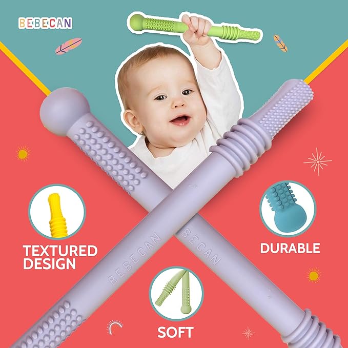 Bebecan Teething Sticks for Babies 36+ Months ??Super Soft Silicone Teething Aids, Infant Oral Soothing Relief Back Molars, Multicolor 6-Pack