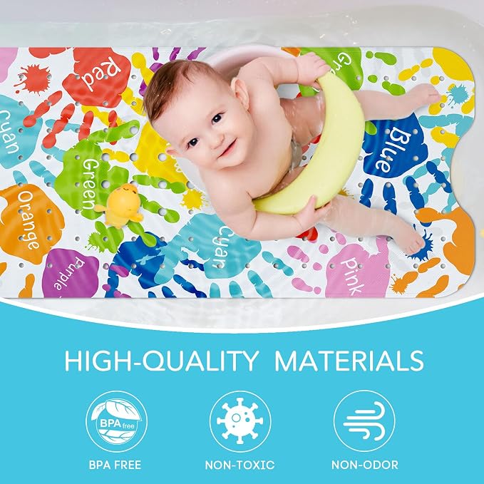 SHUCHING Handprints Baby Bath Mat for Tub Non Slip-40 X 16Inch, Kids Bathtub Mat Anti Slip, Toddler Long Shower Mat for Bathroom Mold Free, Machine Washable