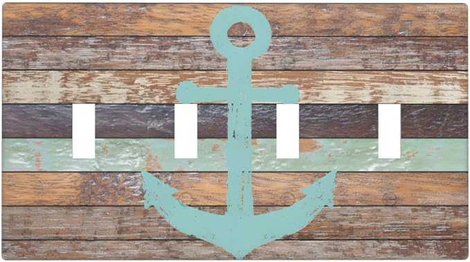Timeworn Marine Weathered Wood Rustic Nautical Anchor Light Switch Covers Quad Toggle Electrical Faceplate 4 Gang Wall Plate Decorative Switch Plates Cover for Farmhouse Home Decor