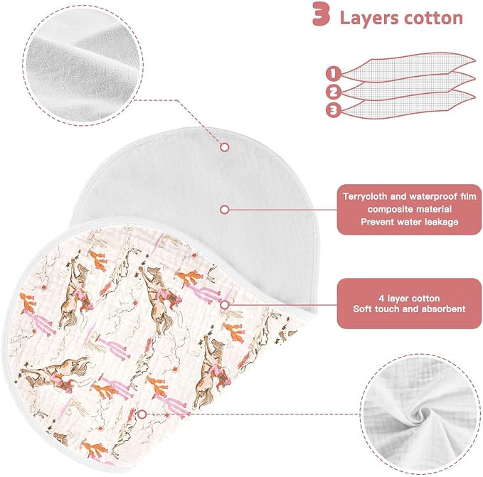 Western Cowgirl Muslin Burp Cloths for Baby Boys and Girls - 2-Pack Ultra Absorbent Muslin Washcloths, Newborn Towel, Milk Spit Up Rags, Burp Cloth Bibs, 22 x 11 Inch